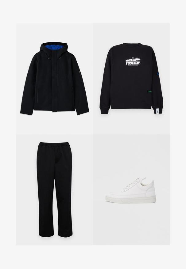 Chaqueta negra con capucha y forro azul, que cuenta con dos bolsillos laterales con cremallera, un corte recto y ajustes con cordón en la capucha.; Iceberg Sudadera - nero; Pantalones negros de longitud media con cintura elástica. Fabricados con una tela suave, presentan un ajuste relajado y no tienen bolsillos visibles ni adornos.; Zapatilla blanca de cuero con punta redondeada, suela plana y cierre de cordones. Presenta detalles de costuras y un cuello acolchado para mayor comodidad.