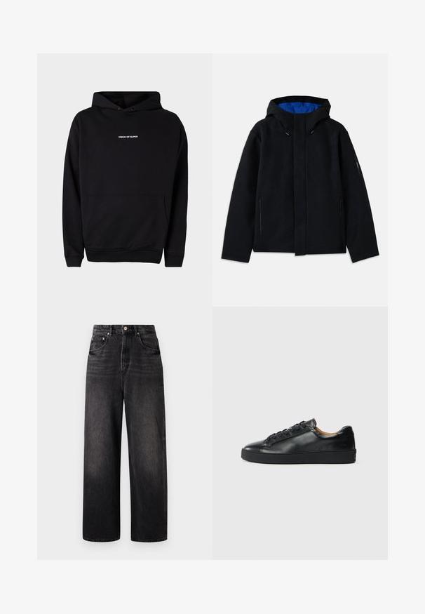 Schwarze Kapuzenjacke mit blauer Innenausstattung, ausgestattet mit zwei seitlichen Reißverschlusstaschen, geradem Schnitt und Zugregulierungen an der Kapuze.; Schwarzer Kapuzenpullover mit einer Vordertasche und weißem "VISION OF SUPER"-Text auf der Brust. Hergestellt aus weichem Stoff mit gerippten Bündchen.; Schwarze Jeans aus Denim mit lockerer Passform, hoher Taille, fünf Taschen und sichtbarem Knopfverschluss. Sie verfügen über dezente Verblassung und ein gerades Bein-Design.; Schwarze Leder-Sneaker mit glatter Textur, runder Zehenpartie und Schnürverschluss. Verfügt über eine dicke Gummisohle und minimalistische Marken-Details.