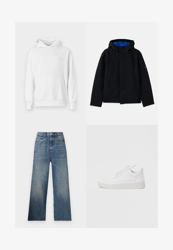 Sort hættetrøje med blåt indre, der har to sidelommer med lynlås, lige pasform og snorejusteringer på hætten.; Hvid hoodie med frontkangaroo-lomme, snørehætte og præget "QUARTZ CO" logo på brystet. Blødt bomuldsstof.; Blå denim bredbenede jeans med høj talje, subtilt slid, fem lommer og metalknaplukning foran.; Hvid lædersneaker med rundet tå, flad sål og snørebånd foran. Har syningsdetaljer og polstret krave for komfort.