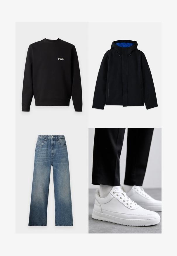 Zwarte capuchonjack met een blauwe binnenkant, voorzien van twee zijzakken met rits, een rechte snit en koordverstellingen op de capuchon.; Zwarte sweatshirt met ronde hals, lange mouwen en ribgebreide manchetten. Bevat een klein, wit geborduurd logo op de borst. Gemaakt van een katoenmix.; Blauwe denim wijdgerande jeans met een hoge taille, voorzien van subtiele vervaging, vijf zakken en een metalen knoopsluiting aan de voorkant.; Witte leren sneakers met een platte rubberen zool, met een soepele afwerking, ronde neus en metalen oogjes voor de veters. Draag ze met een zwarte broek.