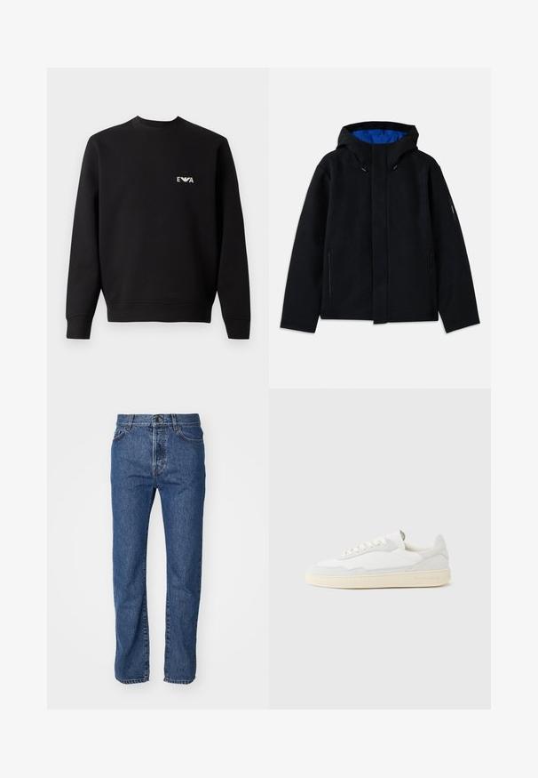 Sort hættetrøje med blåt indre, der har to sidelommer med lynlås, lige pasform og snorejusteringer på hætten.; Sort sweatshirt med rund hals, lange ærmer og ribbede manchetter. Har et lille hvidt broderet logo på brystet. Stoffet er en blanding af bomuld.; Lysblå denimjeans med lige ben, fem lommer, synlige syninger og en knaplukning i taljen.; Hvid sneakers med en øvre del i tekstureret ruskind og læder. Har rundet tå, snørelukning og kontrasterende beige gummisål.
