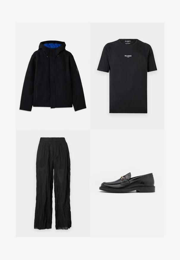Sort hættetrøje med blåt indre, der har to sidelommer med lynlås, lige pasform og snorejusteringer på hætten.; Sort kortærmet t-shirt lavet af glat stof, med rund hals og et hvidt "SILENCE" logo på brystet.; Sorte linned brede bukser med en struktureret overflade. Har en elastisk talje og diskrete folder.; Sorte læder loafers med en rund tå, der har guld hardware accent og syningsdetaljer, placeret på en lav, tekstureret gummisål.