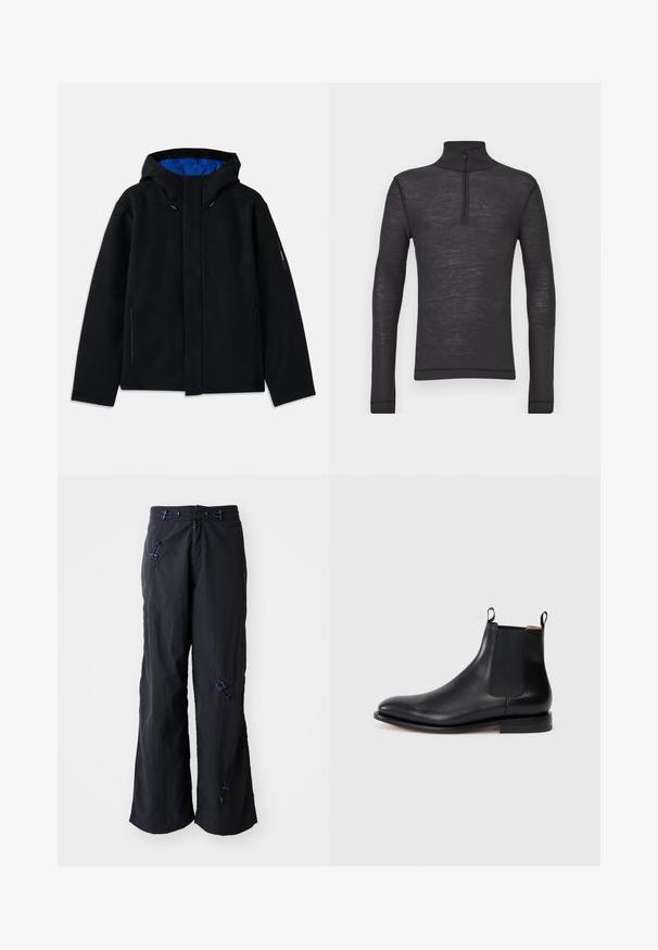 Veste à capuche noire avec un intérieur bleu, dotée de deux poches zippées sur les côtés, d'une coupe droite et de réglages par cordon sur la capuche.; Chandail noir à manches longues et col roulé en tissu texturé, avec une demi-fermeture éclair au niveau du col et des manches ajustées.; Pantalons noirs, légers et à jambes larges avec une finition texturée. Présente des accents bleus et des cordons pour un ajustement. Fermeture éclair.; Bottine Chelsea en cuir noir avec des panneaux élastiques sur les côtés, des languettes de tirage et un petit talon sur un fond blanc.