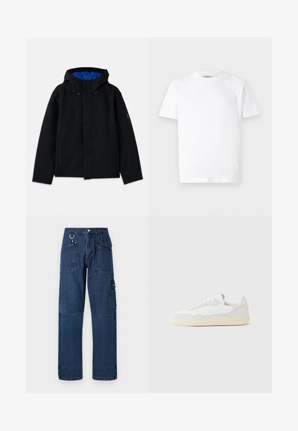 Veste à capuche noire avec un intérieur bleu, dotée de deux poches zippées sur les côtés, d'une coupe droite et de réglages par cordon sur la capuche.; T-shirt en coton blanc avec un col rond et des manches courtes. Présente un petit logo en relief sur la poitrine gauche. Texture lisse.; Pantalons cargo en denim bleu foncé avec une coupe droite, dotés de plusieurs poches, de quincaillerie en métal et de détails de surpiqûres contrastées.; Baskets blanches avec dessus en daim et cuir texturé. Caractérisées par un bout arrondi, une fermeture à lacets et une semelle en caoutchouc beige contrastante.