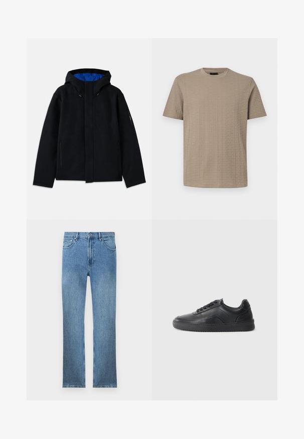 Sort hættetrøje med blåt indre, der har to sidelommer med lynlås, lige pasform og snorejusteringer på hætten.; Beige kortærmet T-shirt til mænd med rund hals og et subtilt fordybet mønster af det gentagne mærkenavn på stoffet.; Lysblå denim jeans med lige snit, fem lommer, lynlås og kontrastsyninger. Stoffet har en glat, tekstureret overflade.; Sorte lædersneakers med en glat finish, rund tå, struktureret sidelæder og sorte snørebånd. Har en flad gummisål og et minimalistisk design.