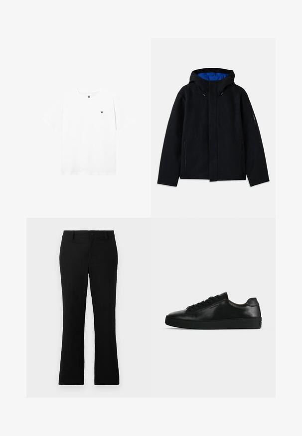 Chaqueta negra con capucha y forro azul, que cuenta con dos bolsillos laterales con cremallera, un corte recto y ajustes con cordón en la capucha.; Camiseta blanca de manga corta con cuello redondo, con un pequeño logo circular que presenta una "W" negra en el área del pecho izquierdo.; Pantalones de campana negros hechos de una mezcla de algodón, con cierre de botón, trabillas para el cinturón y una textura suave sin patrones visibles.; Zapatilla de cuero negra de perfil bajo con cordones negros y una suela negra gruesa, mostrada de lado sobre un fondo gris claro.