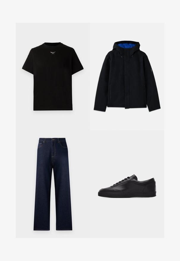 Sort hættetrøje med blåt indre, der har to sidelommer med lynlås, lige pasform og snorejusteringer på hætten.; Sort bomulds T-shirt med korte ærmer, rund halsudskæring og en sølvlogo detalje på brystet. Glat tekstur og afslappet pasform.; Mørkeblå denim jeans med høj talje, bredt ben og kontraststing. Egenskaber inkluderer forlommer og en enkelt baglomme.; Sort lavtstående lædersneaker med snørebånd foran og flad gummisål, vist fra siden på en ensartet hvid baggrund.