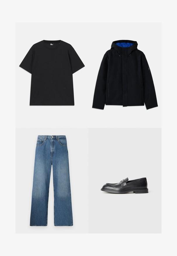 Zwarte capuchonjack met een blauwe binnenkant, voorzien van twee zijzakken met rits, een rechte snit en koordverstellingen op de capuchon.; Zwart kortebril T-shirt van katoen, met een ronde hals en een klein logo detail near de zoom. Gladde textuur, normale pasvorm.; Lange blauwe denim jeans met een klassiek vijf-pocket ontwerp, voor sluiting met een knoop en een lichte vervaging voor textuur.; Zwarte leren loafers met een gestructureerde afwerking, voorzien van een decoratieve voorstrik en een afgeronde neus. Rubberzool voor duurzaamheid.