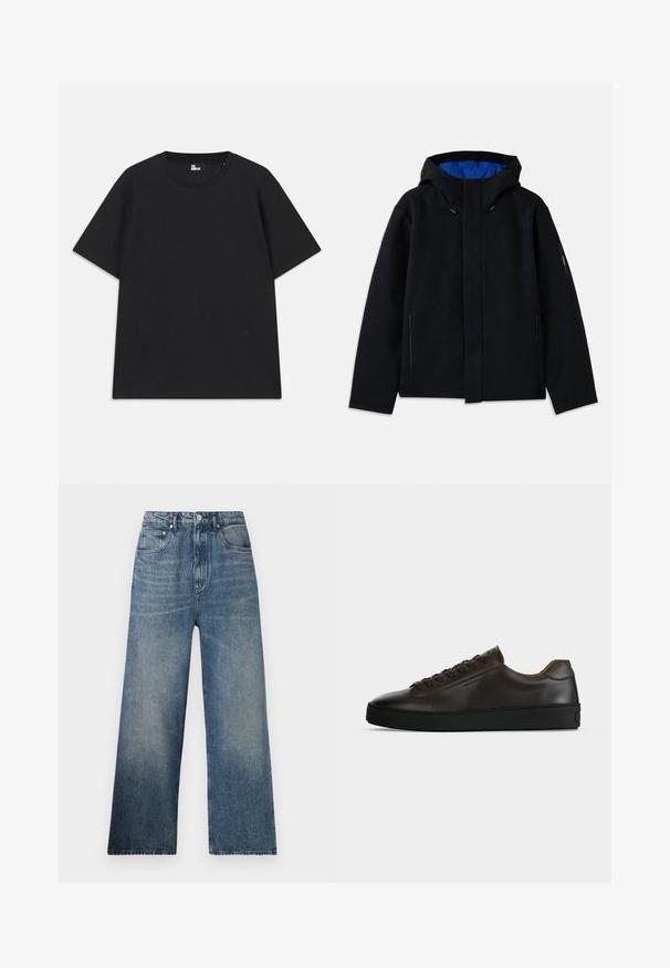 Zwarte capuchonjack met een blauwe binnenkant, voorzien van twee zijzakken met rits, een rechte snit en koordverstellingen op de capuchon.; Zwart kortebril T-shirt van katoen, met een ronde hals en een klein logo detail near de zoom. Gladde textuur, normale pasvorm.; Blauwe denim wijdgerande jeans met een hoge taille, voorzien van subtiele vervaging, vijf zakken en een metalen knoopsluiting aan de voorkant.; Low-profile donkerbruine leren sneaker met zwarte rubberen zool, veters aan de voorkant en een strak minimalistisch design op een lichte achtergrond.