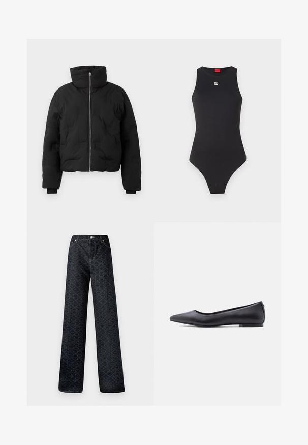 Schwarze Daunenjacke mit hohem Kragen und Reißverschluss, mit einem gemusterten Material, gerippten Manschetten und einer verkürzten Silhouette.; Schwarzer Body mit ärmellosem Design, aus glattem Material gefertigt. Verfügt über ein kleines weißes Logo auf der Brust und einen hochgeschnittenen Beinausschnitt.; Dunkelblaue, weite Jeans mit geometrischem Muster, aus Denim gefertigt. Mit Metallknopf, Reißverschluss und Kettelung der vorderen Taschen.; Schwarzer flacher Lederschuh mit spitzer Kappe und niedrigem Absatz, seitlich vor weißem Hintergrund gezeigt.