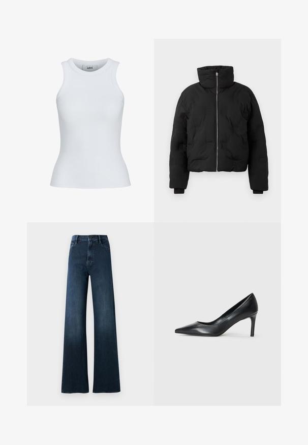 Zwarte pufferjack met een hoge kraag en ritssluiting, voorzien van een gestructureerde textuur, geribbelde manchetten en een cropped silhouet.; Witte geribde tanktop met een ronde halslijn en zonder mouwen. Heeft een slim fit en een zachte textuur, geschikt voor lagen.; Brede, donkerblauwe jeans gemaakt van denim. Heeft een hoge taille, voorkoteletten, een knoopsluiting en minimale stikseldetails.; Zwarte leren pump met spitse neus en een slanke hak, gladde textuur en geen zichtbare versieringen. Schoon ontwerp met een minimalistische esthetiek.