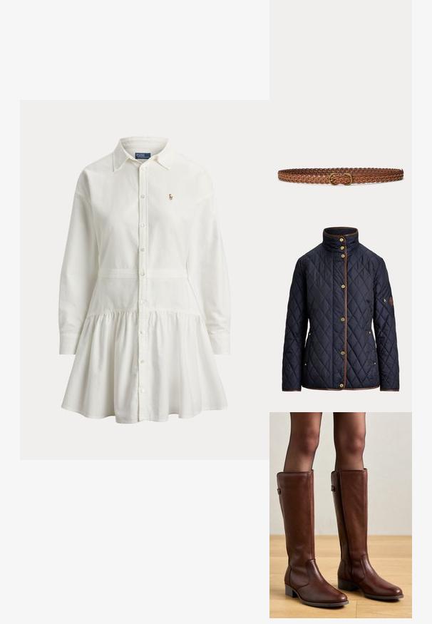 Veste matelassée bleu marine avec boutons dorés, bordure marron, col montant, poches latérales et une poche zippée sur la manche gauche.; Robe blanche à manches longues avec boutons, col, jupe froncée et petit logo brodé sur le côté gauche de la poitrine.; Anna Field by Zalando LEATHER - Bottes - brown; Ceinture en cuir tressé marron avec une petite boucle ovale en laiton, présentée à plat sur un fond gris clair.