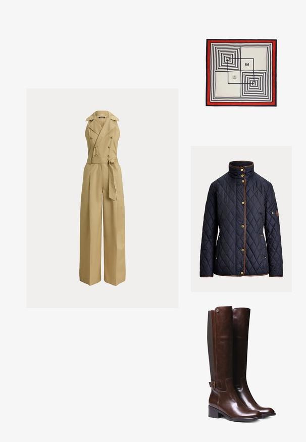Laivastonsininen tikattu takki, jossa on kullanväriset napit, ruskea koristereuna, korkea kaulus, sivutaskut ja vetoketjutasku vasemmassa hihassa.; Beige leveälahkeinen jumpsuit, jossa on tuplakiinnitys, suuret kauluskäänteet ja solmittava vyötärö. Valmistettu sileästä, rakenteellisesta kankaasta.; Ruskokopiset, polven korkeudelle ulottuvat saappaat, joissa on sileä pinta, kontrastivärinen kangaspaneeli, nilkkasoljetta ja matala lohkare korko.; Silkkihuivi, jossa on geometrinen kuvio itäkkäin neliöin merensiniseen, mustaan ja valkoiseen väriin, rajattu punaisella. Sisältää logokuviot.