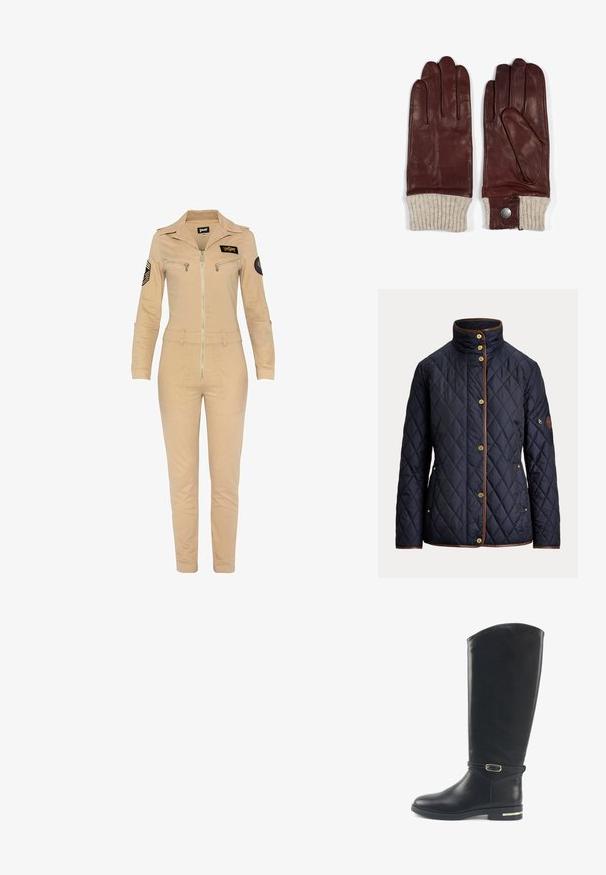 Veste matelassée bleu marine avec boutons dorés, bordure marron, col montant, poches latérales et une poche zippée sur la manche gauche.; Salopette kaki avec un zip devant, des manches longues et un col. Elle comporte deux poches plaquées, un patch logo sur la poitrine et des accents au niveau des épaules.; Botte noire en cuir arrivant au genou, avec un bout arrondi, un design minimaliste, une fine sangle à la cheville et un accent doré sur le talon.; Gants en cuir marron avec des manchettes en tricot beige côtelé, présentant un détail à bouton-pression au poignet. Texture lisse et design ajusté à cinq doigts.