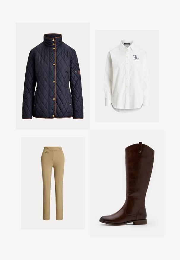 Veste matelassée bleu marine avec boutons dorés, bordure marron, col montant, poches latérales et une poche zippée sur la manche gauche.; Chemise blanche à manches longues boutonnée avec col pointu et logo noir brodé sur la poitrine gauche.; Pantalons beiges ajustés avec une texture lisse, taille haute, deux boutons décoratifs et une poche arrière. Design à jambe droite.; Bottes marron jusqu'aux genoux en cuir lisse, avec un bout arrondi, un petit talon empilé et un subtil motif de couture sur les côtés.