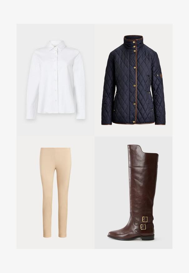Chaqueta acolchada azul marino con botones dorados, ribete marrón, cuello alto, bolsillos laterales y un bolsillo con cremallera en la manga izquierda.; CLOSED CLASSIC SHIRT WITH STRAP DETAIL - Blusa - white; Pantalones beige ajustados hasta el tobillo con un acabado liso y sin bolsillos visibles ni adornos sobre un fondo liso.; Bota de cuero marrón hasta la rodilla con punta redonda, que presenta dos hebillas en tono dorado en el tobillo y una textura suave y pulida.