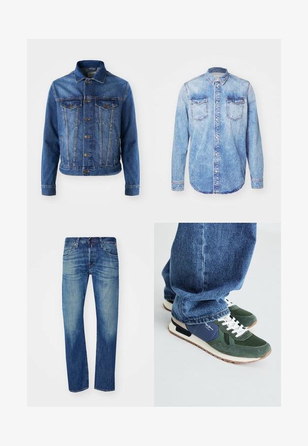 Chaqueta de mezclilla azul con cierre de botones en la parte delantera, dos bolsillos en el pecho y un cuello clásico. La tela tiene una textura ligeramente descolorida.; Camisa de mezclilla azul claro con mangas largas, cuello abotonado, dos bolsillos en el pecho y costuras en contraste. Dobladillo redondeado y corte clásico.; Jeans de mezclilla azul con corte recto, que presentan detalles descoloridos, diseño de cinco bolsillos y cierre de botón en la cintura.; Zapatillas verdes y navy con detalles de malla y ante, cordones blancos y suela beige. Llevadas con jeans de mezclilla azules, mostrando la zona del tobillo.