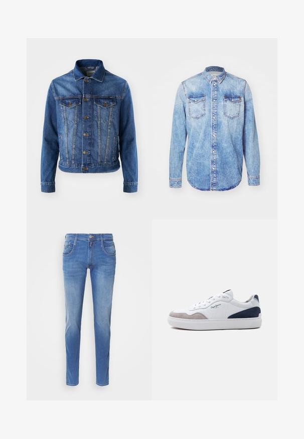 Chaqueta de mezclilla azul con cierre de botones en la parte delantera, dos bolsillos en el pecho y un cuello clásico. La tela tiene una textura ligeramente descolorida.; Camisa de mezclilla azul claro con mangas largas, cuello abotonado, dos bolsillos en el pecho y costuras en contraste. Dobladillo redondeado y corte clásico.; Jeans de denim azul con corte slim. Presenta cinco bolsillos, cierre de botón en la parte delantera y un ligero desgastado en las piernas. Corte recto.; Zapatilla blanca de perfil bajo con parte delantera de ante gris, talón de ante azul marino, cordones blancos y logotipo de "Pepe Jeans" en el lateral.
