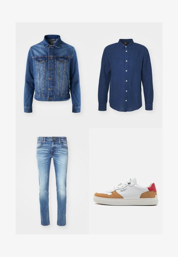 Chaqueta de mezclilla azul con cierre de botones en la parte delantera, dos bolsillos en el pecho y un cuello clásico. La tela tiene una textura ligeramente descolorida.; Camisa de manga larga azul oscuro con cuello abotonado, botones blancos y un sutil logotipo bordado en el pecho. Textura suave, corte recto.; Jeans de mezclilla azul claro con un diseño descolorido, corte recto, estilo de cinco bolsillos, cierre de botón de metal y costura en contraste.; Zapatillas blancas de cuero con acentos de ante marrón claro y un talón rojo. Cuentan con una puntera perforada, cordones redondos y una suela de goma texturizada.