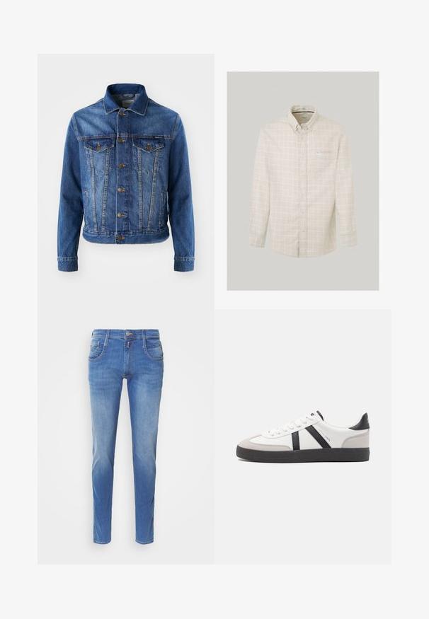 Chaqueta de mezclilla azul con cierre de botones en la parte delantera, dos bolsillos en el pecho y un cuello clásico. La tela tiene una textura ligeramente descolorida.; Camisa abotonada de color beige claro con un patrón de cuadros en blanco. Presenta un cuello, mangas largas y un bolsillo en el pecho con una pequeña etiqueta de logo.; Jeans de denim azul con corte slim. Presenta cinco bolsillos, cierre de botón en la parte delantera y un ligero desgastado en las piernas. Corte recto.; Zapatilla blanca con acentos en negro y gris, que presenta una puntera texturizada en gris, suela de goma negra y cordones planos blancos. Diseño limpio, estilo minimalista.