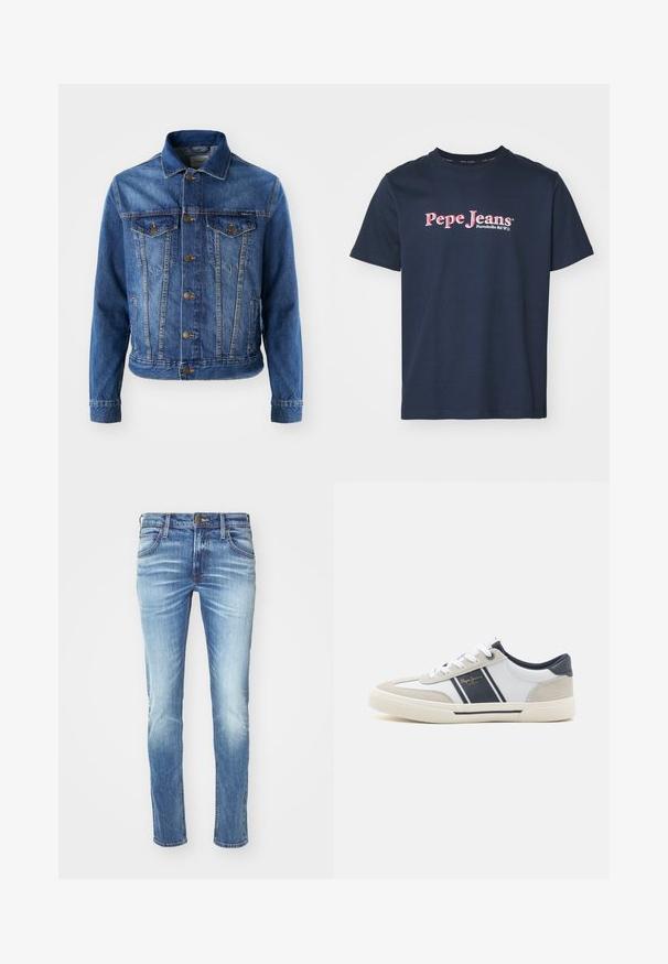 Chaqueta de mezclilla azul con cierre de botones en la parte delantera, dos bolsillos en el pecho y un cuello clásico. La tela tiene una textura ligeramente descolorida.; Camiseta de algodón azul marino con cuello redondo y mangas cortas. Presenta el logo de "Pepe Jeans" en rosa y blanco en el frente.; Jeans de mezclilla azul claro con un diseño descolorido, corte recto, estilo de cinco bolsillos, cierre de botón de metal y costura en contraste.; Zapatilla blanca con gamuza gris y detalles en cuero azul marino, que presenta dos rayas negras y cordones blancos. Suela de goma texturizada.