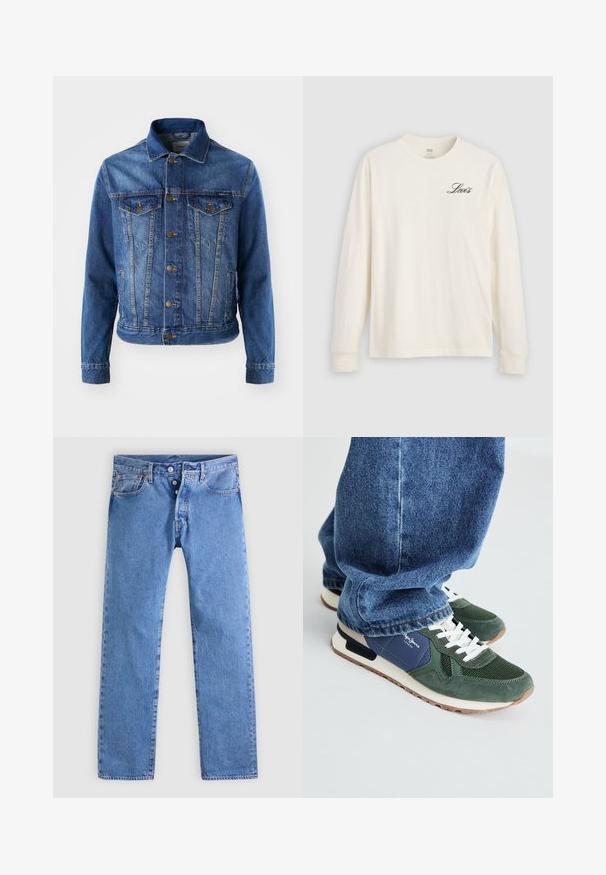 Chaqueta de mezclilla azul con cierre de botones en la parte delantera, dos bolsillos en el pecho y un cuello clásico. La tela tiene una textura ligeramente descolorida.; Camiseta blanca de manga larga con cuello redondo y pequeño logo negro de "Levi's" en la parte superior izquierda del pecho, mostrada sobre un fondo gris claro.; Vaqueros de mezclilla azul claro con diseño de pierna recta, cinco bolsillos y cierre de dos botones. Presentan un desvanecimiento mínimo y costuras en contraste.; Zapatillas verdes y navy con detalles de malla y ante, cordones blancos y suela beige. Llevadas con jeans de mezclilla azules, mostrando la zona del tobillo.