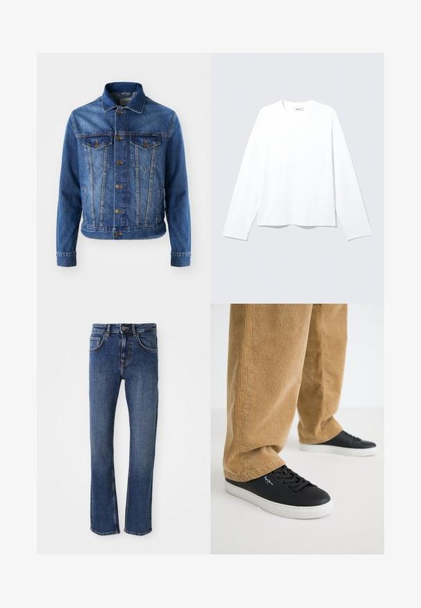 Chaqueta de mezclilla azul con cierre de botones en la parte delantera, dos bolsillos en el pecho y un cuello clásico. La tela tiene una textura ligeramente descolorida.; Camiseta blanca lisa de manga larga con cuello redondo, corte holgado y etiqueta de la marca visible en el cuello, colocada plana sobre un fondo claro.; Jeans de mezclilla azul claro con un diseño de pierna recta, estilo de cinco bolsillos y cierre de botón metálico. Presenta costuras sutiles y una textura suave.; Zapatillas de cuero negro con suelas de goma blanca. Llevadas con pantalones de pana en color beige, con acanaladuras verticales y un ajuste relajado.