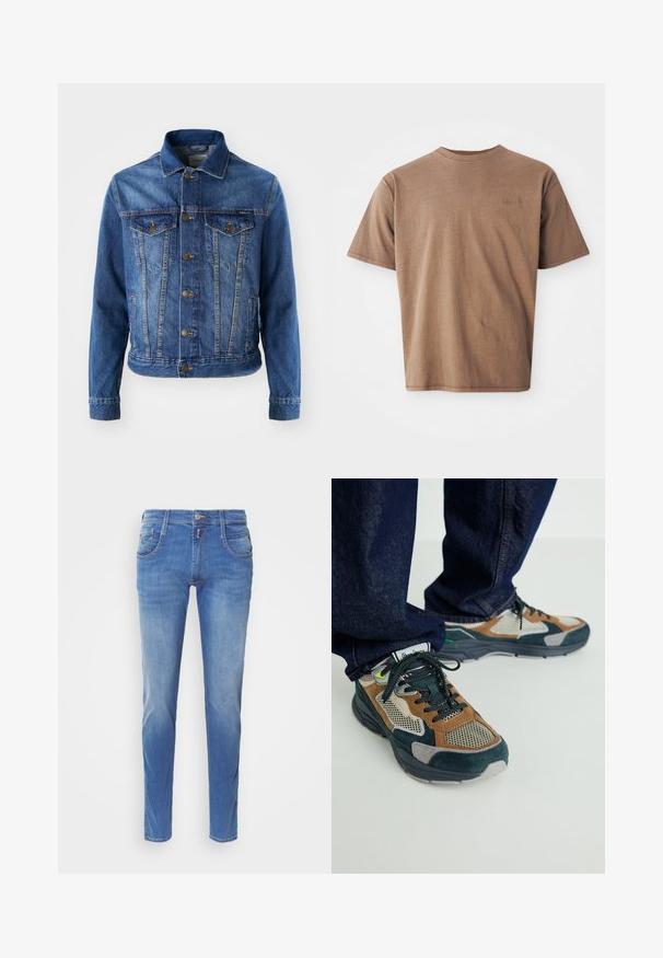Chaqueta de mezclilla azul con cierre de botones en la parte delantera, dos bolsillos en el pecho y un cuello clásico. La tela tiene una textura ligeramente descolorida.; Camiseta de algodón marrón con cuello redondo, mangas cortas y un discreto logo bordado en la parte izquierda del pecho. Textura suave, ajuste relajado.; Jeans de denim azul con corte slim. Presenta cinco bolsillos, cierre de botón en la parte delantera y un ligero desgastado en las piernas. Corte recto.; Zapatillas multicolores que combinan materiales de ante y malla, con acentos en gris, marrón y verde, y una suela texturizada.