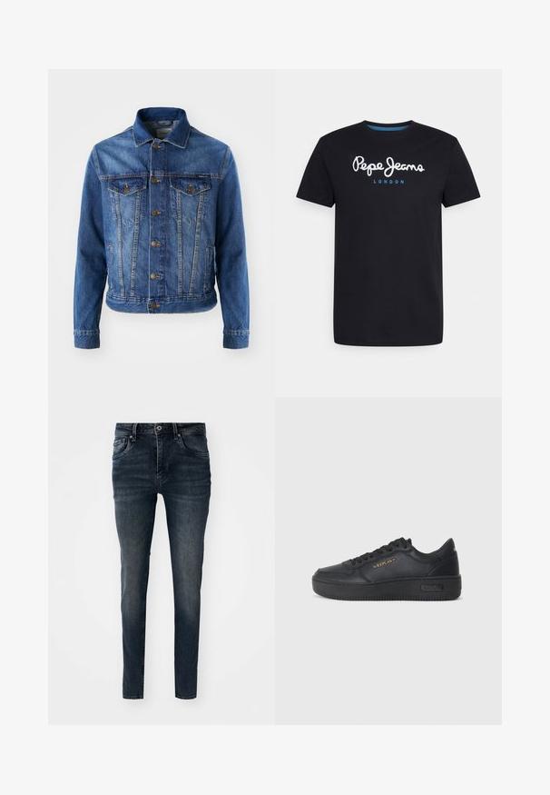 Chaqueta de mezclilla azul con cierre de botones en la parte delantera, dos bolsillos en el pecho y un cuello clásico. La tela tiene una textura ligeramente descolorida.; Camiseta negra de algodón con un logo de guion en blanco "Pepe Jeans" con un acento azul, cuello redondo y mangas cortas. Diseño simple y sólido.; Jeans de mezclilla azul oscuro con un ajuste slim, diseño de cinco bolsillos, piernas rectas y costuras en contraste, con cierre de botón y cremallera.; Replay EPIC HIGH - Zapatillas - black