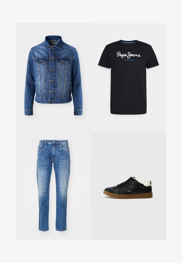 Chaqueta de mezclilla azul con cierre de botones en la parte delantera, dos bolsillos en el pecho y un cuello clásico. La tela tiene una textura ligeramente descolorida.; Camiseta negra de algodón con un logo de guion en blanco "Pepe Jeans" con un acento azul, cuello redondo y mangas cortas. Diseño simple y sólido.; Jeans de mezclilla azul claro con corte recto, diseño de cinco bolsillos, un ligero desgastado y una cinturilla estándar con cierre de botón.; Zapatilla de cuero negro con parte superior texturizada, puntera redonda y cordones negros. Presenta un acento en el talón blanco y una suela de goma marrón.