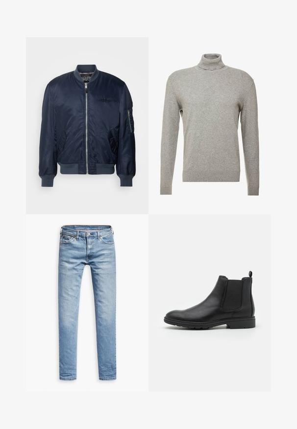 Marineblaue Bomberjacke aus glattem Nylon, mit einem Reißverschluss vorne, Seitentaschen, gerippten Bündchen und einer Ärmeltasche mit Reißverschluss.; Grauer Pullover mit hohem Kragen und langen Ärmeln. Hergestellt aus einem glatten, weichen Material mit taillierter Passform und gerippten Akzenten am Saum.; Helle blaue Jeans, gerade geschnitten, mit fünf Taschen, Reißverschluss und Knopfverschluss. Glatte Textur mit dezenten Ausbleichungen.; Schwarze Leder Chelsea-Stiefel mit elastischen Seiteneinsätzen und einer Ziehschlaufe, runder Zehenform und strukturiertem Gummisohle.