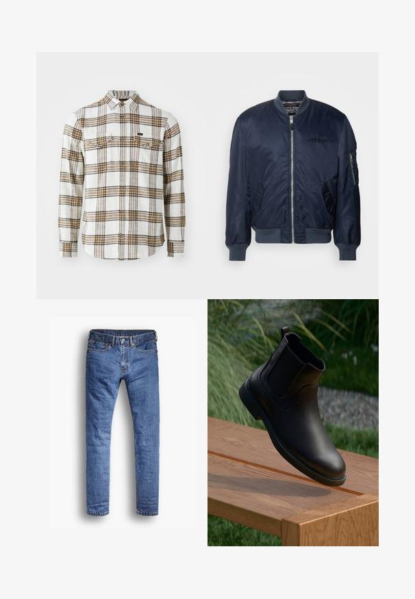 Cazadora bomber azul marino hecha de nylon suave, con cierre delantero, bolsillos laterales, puños de canalé y un bolsillo en la manga con cremallera.; Lee CLEAN WESTERN - Camisa - ecru ochre plaid; Vaqueros azules de mezclilla con diseño de pierna recta. Estilo clásico de cinco bolsillos, con detalles de remaches de cobre y dobladillo deshilachado.; Bota de cuero negro hasta el tobillo con paneles laterales elásticos, puntera redonda y suela de goma texturizada, suspendida sobre una mesa de madera.