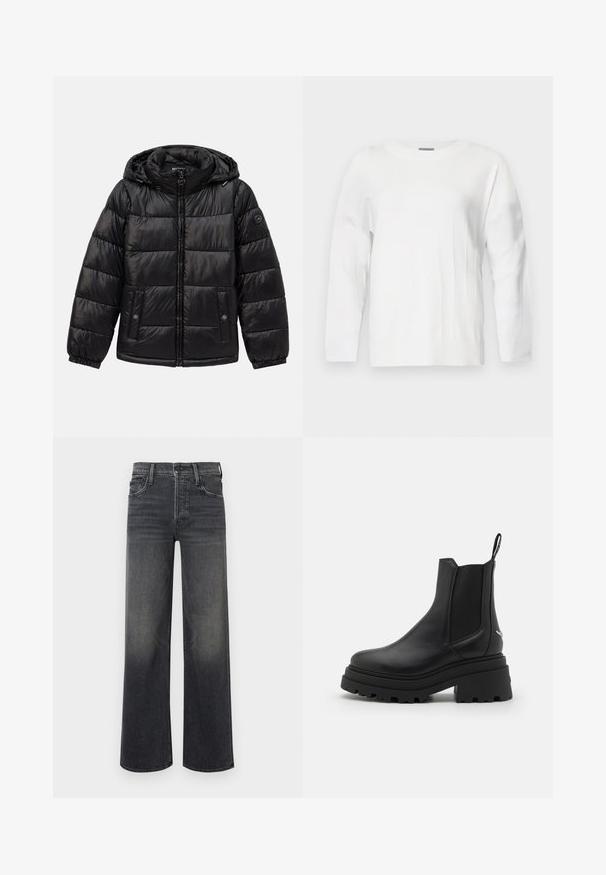 Veste en duvet matelassée noire avec capuche, fermeture éclair, poches à boutons-pression, poignets élastiques et écusson logo sur la manche gauche.; Pull en tricot blanc avec un col rond, des manches longues et des accents côtelés. Présente un motif texturé subtil sur le tissu.; Jeans à jambes larges en denim gris foncé, avec un effet dégradé subtil. Design classique à cinq poches avec passants de ceinture et coutures visibles.; Bottines Chelsea noires en cuir lisse avec des panneaux latéraux élastiques, une semelle en caoutchouc épaisse et nervurée, et une languette à l'arrière.