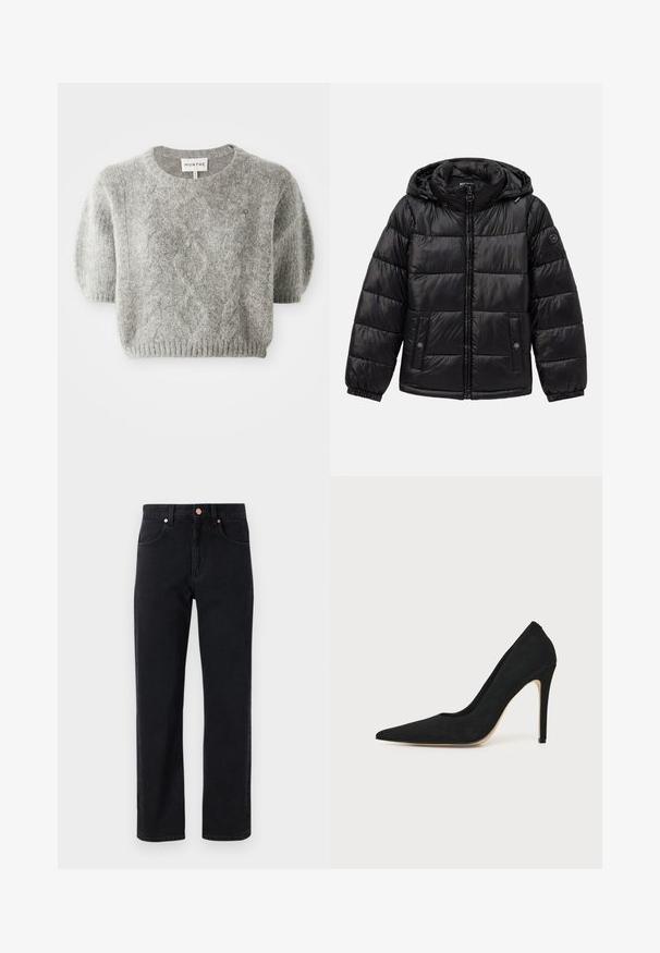 Veste en duvet matelassée noire avec capuche, fermeture éclair, poches à boutons-pression, poignets élastiques et écusson logo sur la manche gauche.; Pull-over gris à manches courtes avec un motif en maille torsadée et un ourlet côtelé. Fabriqué dans un matériau doux et texturé. Étiquette de marque visible au niveau du cou.; Jean en denim noir avec une coupe droite, design cinq poches, détails en bouton cuivré et couture minimale visible.; Escarpin stiletto noir à talon haut avec bout pointu et texture lisse, présenté de profil sur un fond clair uni.