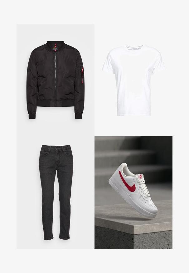 Schwarze Bomberjacke mit Reißverschluss vorne, gerippten Bündchen und Saum sowie einer Seitentasche mit einem roten Reißverschlussanhänger. Glattes, leichtes Material.; Weißes Baumwoll-T-Shirt mit rundem Ausschnitt und kurzen Ärmeln, im klassischen Schnitt und mit glatter Textur. Keine sichtbaren Muster oder Hardware.; Schwarze Denim-Jeans mit schlankem Schnitt, ausgestattet mit fünf Taschen, Gürtelschlaufen und subtilen Stitching-Details. Abgenutzte Textur entlang des Stoffes.; Weißer Nike Air Force 1 Sneaker mit rotem Swoosh-Logo, der über einer Betonbrüstung und Treppen im Hintergrund schwebt.