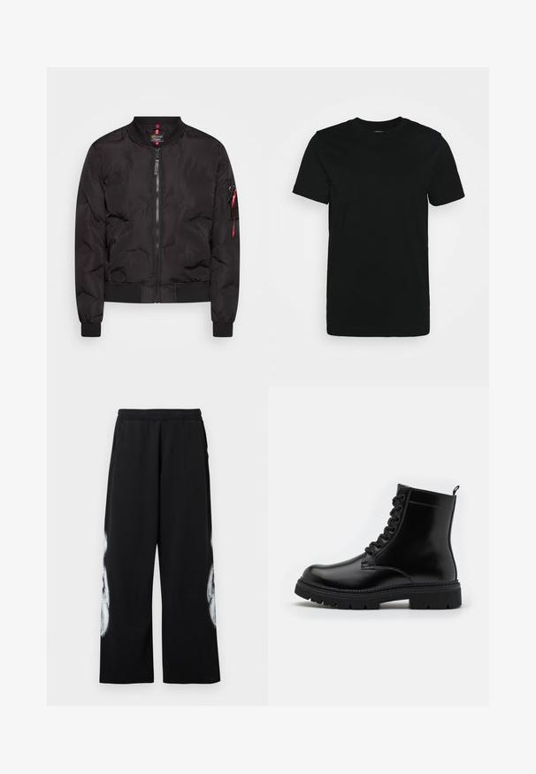 Chaqueta bomber negra con cierre frontal de cremallera, puños y dobladillo acanalados, y un bolsillo lateral con tirador de cremallera rojo. Material suave y ligero.; Camiseta negra de manga corta hecha de algodón suave, con cuello redondo y un diseño sencillo sin estampados ni acentos.; Pantalones deportivos negros con cintura elástica, bolsillos laterales y un gran diseño gráfico blanco en la pierna exterior. Material de algodón, ajuste holgado.; Botín negro de cuero hasta el tobillo con puntera redonda, diseño de cordones, suela texturizada y una pestaña en la parte posterior para ponerlo fácilmente.