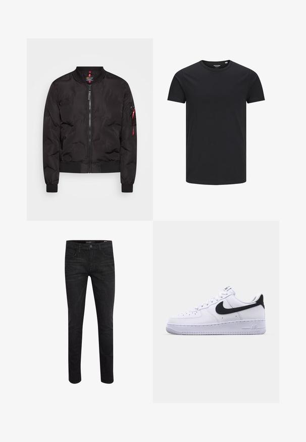 Chaqueta bomber negra con cierre frontal de cremallera, puños y dobladillo acanalados, y un bolsillo lateral con tirador de cremallera rojo. Material suave y ligero.; Camiseta de algodón negra con cuello redondo, mangas cortas y un diseño sencillo. Textura suave, sin patrones ni herrajes visibles.; Jeans de mezclilla negra con un ajuste ceñido, que presentan cinco bolsillos, un botón frontal y una textura suave. Adecuados para uso informal.; Zapatilla blanca de cuero con un Swoosh negro texturizado, cordones planos y una suela de goma con un patrón estriado. "AIR" está grabado en el talón.