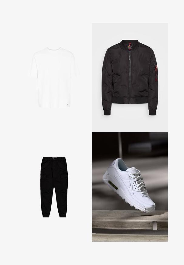 Chaqueta bomber negra con cierre frontal de cremallera, puños y dobladillo acanalados, y un bolsillo lateral con tirador de cremallera rojo. Material suave y ligero.; Camiseta blanca de manga corta en una suave mezcla de algodón. Presenta un cuello redondo y un logotipo sutil en el dobladillo inferior. Corte recto y ajuste relajado.; Pantalones cargo negros de algodón, con dos bolsillos frontales y dos bolsillos laterales, con puños y cintura elásticos.; Zapatilla blanca de piel con superficies texturizadas, cuello acolchado y amortiguación de aire visible en la suela. Presenta cordones y un diseño minimalista.