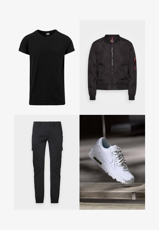 Chaqueta bomber negra con cierre frontal de cremallera, puños y dobladillo acanalados, y un bolsillo lateral con tirador de cremallera rojo. Material suave y ligero.; Camiseta negra de algodón, con un cuello redondo clásico, mangas cortas enrolladas y un dobladillo recto. Diseño sencillo y liso sin patrones.; Pantalones cargo negros de corte slim con bolsillos frontales, bolsillos con solapa lateral, presillas para cinturón, cierre de botón y puños elásticos en los tobillos.; Zapatilla blanca de piel con superficies texturizadas, cuello acolchado y amortiguación de aire visible en la suela. Presenta cordones y un diseño minimalista.