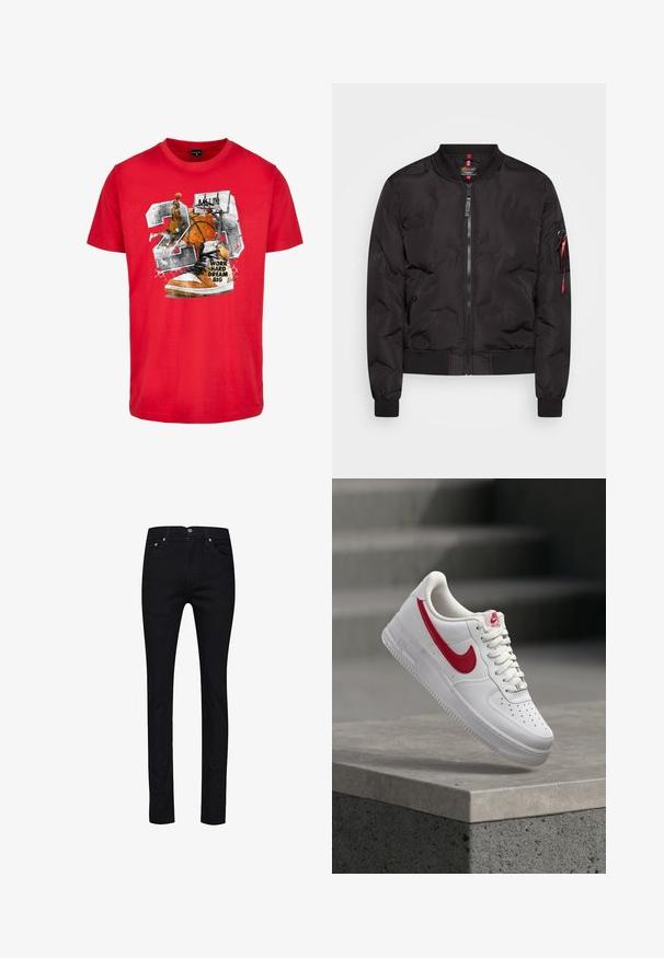 Zwarte bomberjack met een rits aan de voorkant, ribbels aan de manchetten en onderkant, en een zijzak met een rode ritslus. Soepele, lichtgewicht stof.; Rode katoenen t-shirt met een grafisch ontwerp van een basketbal, sneaker en de tekst "HARD WERKEN GROTE DROMEN." Het ontwerp bevat zwarte en oranje accenten.; Zwarte jeans van denim, met een rechte pasvorm, vijf zakken, knopen van metaal en een enkele achterzak met stiksel detail.; Witte Nike Air Force 1 sneaker met rood swoosh-logo zwevend boven een betonnen rand en trappen op de achtergrond.