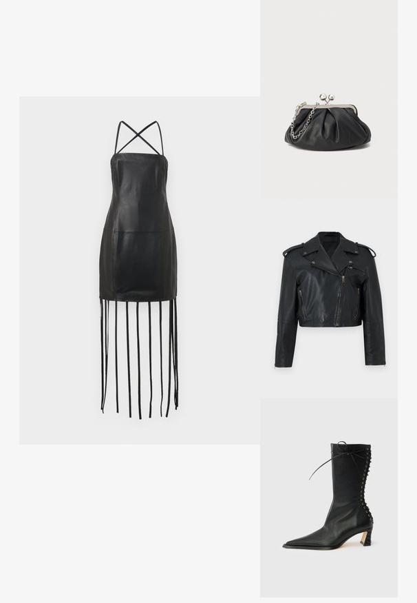 Chaqueta biker de cuero negro recortada con cremallera asimétrica, cuello de solapa, bolsillos con cremallera, hombreras y puños de manga con cremallera.; Vestido de cuero negro con finas tirantes cruzados en la espalda, cuerpo ajustado y detalles de flecos colgando del dobladillo. Textura suave y diseño minimalista.; Botín de cuero negro con punta puntiaguda, tacón delgado, detalle de cordones en la parte trasera y ojales metálicos. Textura suave con un diseño elegante.; Clutch de cuero negro con textura arrugada, marco de metal en tono plateado, cierre de beso y cadena para colgar. Superficie suave y lisa.