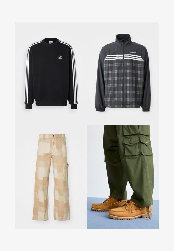 Sort og grå ternet jakke med lynlås, med hvide Adidas-striber og logo på brystet, elastiske manchetter og en opretstående krave.; Sort sweatshirt med hvidt tre-stripes design på ærmerne, rund hals, ribbede manchetter og lille hvid Adidas-logo på brystet.; Beige cargo bukser med et geometrisk patchwork design i forskellige nuancer af creme. Lavet af slidstærkt stof med sidelommer.; Timberland AUTHENTIC 3 EYE - Sejlersko - wheat