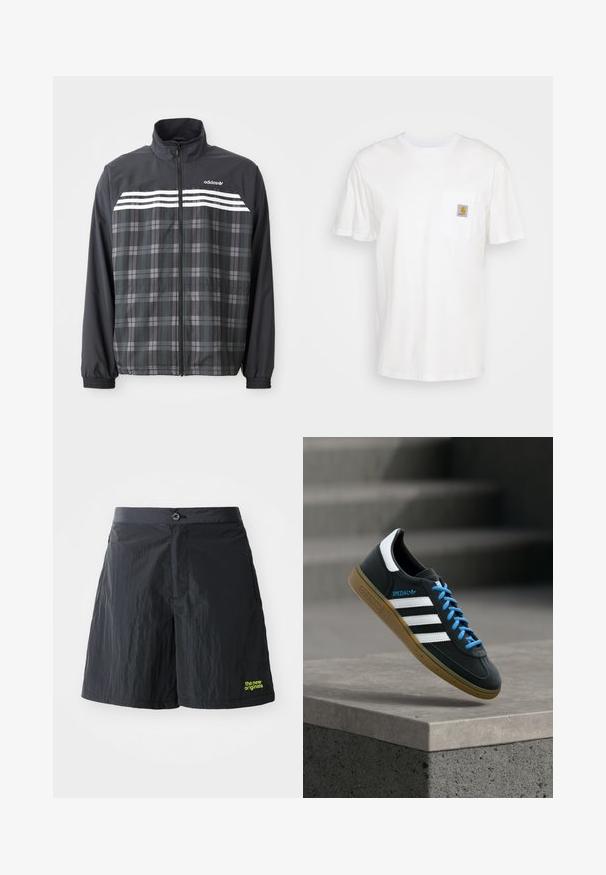 Mustast ja hallist ruuduline lukuga jakk, valgete Adidas triipude ja logoga rinnal, elastsete varrukaservade ja püsti oleva kraega.; Valge puuvillane t-särk lühikeste varrukatega, rindade taskuga ja taskul väike ruudukujuline logo kleebis oranžis ja valges.; The New Originals RUNNING - Lühikesed püksid - black; Must Adidas toss valgete triibu, siniste paelte ja kummist tallaga, hõljuv pehme valgusega halli betoonastme kohal.