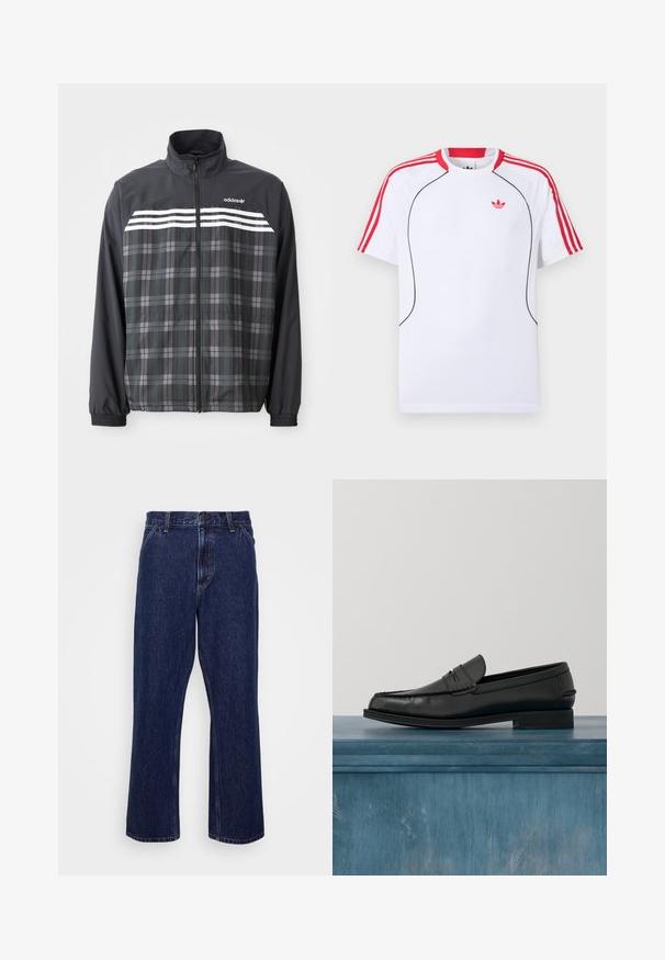 Schwarze und graue kariert Reißverschlussjacke mit weißen Adidas-Streifen und Logo auf der Brust, elastischen Bündchen und Stehkragen.; Weißes Sportshirt mit kurzen Ärmeln, roten Streifen auf Schultern und Ärmeln, schwarzer Paspelierung vorne und rotem Adidas-Trefoil-Logo auf der Brust.; Dunkelblaue Jeans aus Denim mit geradem Bein, ausgestattet mit einem Knopfverschluss, Fünf-Taschen-Style und dezenten Nähten.; Schwarze Leder-Loafer mit schlankem Design, ausgestattet mit einer abgesteppten Zehe und einer glatten Oberfläche. Der Schuh verfügt über einen flachen Absatz und minimale Verzierungen.