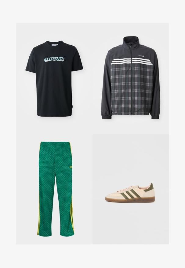 Mustast ja hallist ruuduline lukuga jakk, valgete Adidas triipude ja logoga rinnal, elastsete varrukaservade ja püsti oleva kraega.; Mustad puuvillane T-särk lühikeste varrukatega, millel on esiküljel läikiv, mitmevärviline "ADIDAS" logo. Klassikaline ümmargune kaelus.; Rohelised spordipüksid lehekujulise mustriga, elastse vöökohaga, kollaste küljeribadega, lõdva lõikega.; Madalprofiilne beež Adidas Spezial toss rohelist värvi triipude, kummist tallaga ja "SPEZIAL" brändinguga küljel, nähtav välisküljelt.