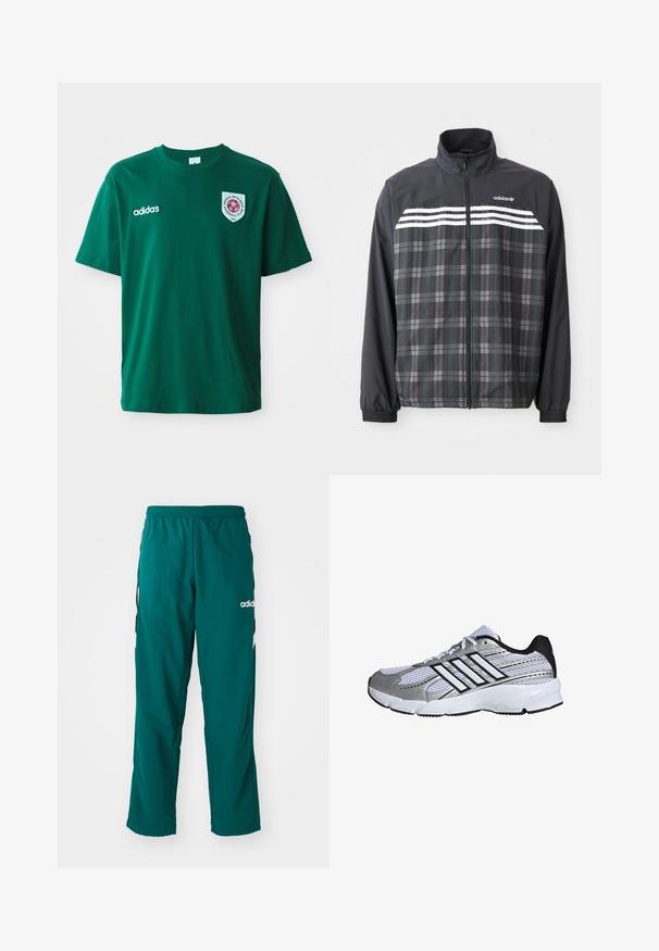 Čierno-sivá károvaná bunda na zips s bielymi pruhmi Adidas a logom na hrudi, elastickými manžetami a stojacím golierom.; Zelené bavlnené tričko s okrúhlym výstrihom, krátkymi rukávmi, logom Adidas na ľavej strane a kruhovou nášivkou s červeným dizajnom na pravej strane.; Zelené športové nohavice vyrobené z ľahkej tkaniny, s elastickým pásom, bočnými vreckami a bielym logom Adidas na ľavej strane.; Mriežkovaná športová obuv v bielej a striebornej farbe, s čiernymi detailmi, logom troch bielych pruhov, polstrovaným golierom a textúrovanou gumovou podrážkou.