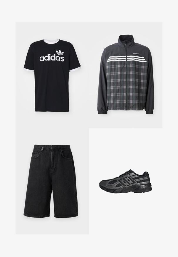 Čierno-sivá károvaná bunda na zips s bielymi pruhmi Adidas a logom na hrudi, elastickými manžetami a stojacím golierom.; Čierne bavlnené tričko s bielym okrúhlym výstrihom a bielymi manžetami na rukávoch. Na prednej strane sa nachádza veľké biele logo "adidas" a emblém trojlístka.; Čierne denímové šortky s voľným strihom, stredne vysokým pásom, piatimi vreckami a pútkami na opasok. Tkanina má hladkú štruktúru a jemné detaily šitia.; Čierne športové topánky vyrobené z pletiva a syntetických materiálov, s textúrovaným povrchom, viacerými šedými pruhmi a polstrovaným golierom.