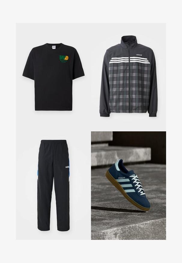 Čierno-sivá károvaná bunda na zips s bielymi pruhmi Adidas a logom na hrudi, elastickými manžetami a stojacím golierom.; Čierne bavlnené tričko s krátkymi rukávmi. Na prednej strane má zelenožltú grafiku "Worldwide Hoops". Voľný strih, zaoblený výstrih.; Čierne športové nohavice s elastickým pásom, s modro-bielymi grafickými akcentmi po stranách a vyšitým logom.; Modré tenisky Adidas Spezial s bielymi pruhmi a šnúrkami, gumovou podrážkou, plávajúce nad drsným betónovým povrchom a schodmi v pozadí.