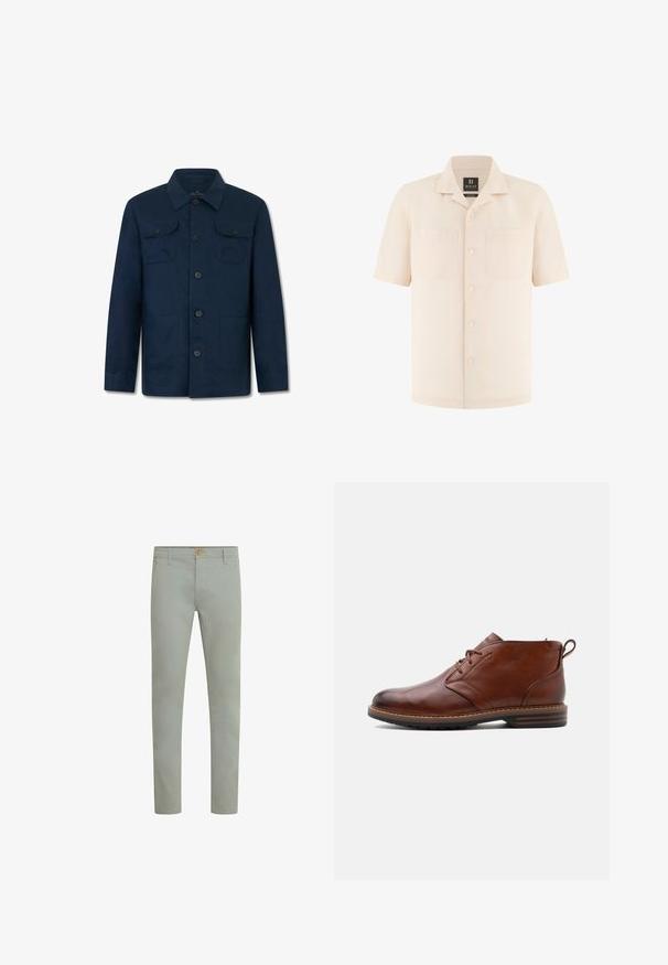 Veste boutonnée bleu marine à manches longues, avec col, deux poches poitrine boutonnées et deux poches basses à l'avant.; Chemise beige à manches courtes avec boutons, col camp et deux poches poitrine, en lin 100 % de Boggi Milano.; Pantalons en coton vert clair avec une coupe droite, poches avant et fermeture à un bouton à la taille. Texture lisse, design minimaliste.; Bottine en cuir marron avec laçage à l'avant, talon bas et languette à l'arrière, vue de profil côté extérieur sur un fond uni.