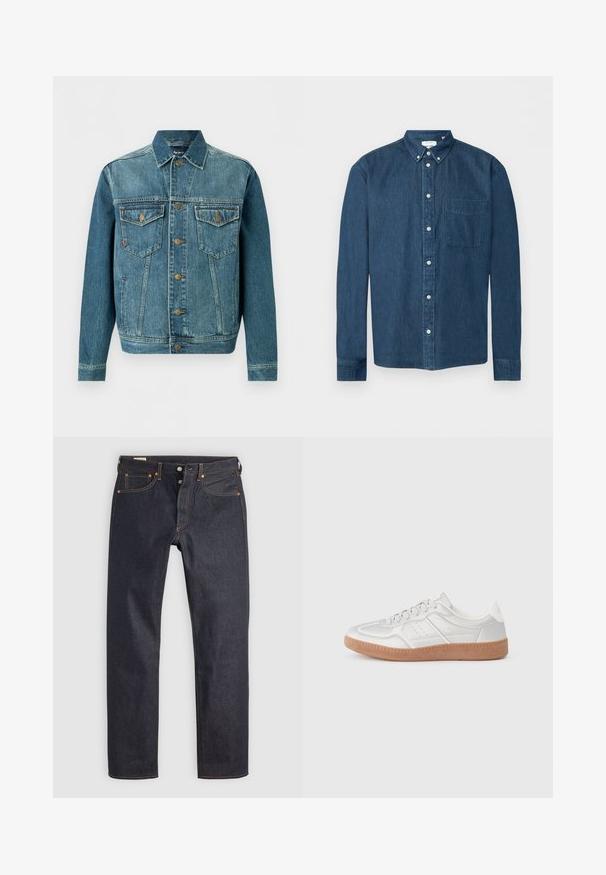Blauwe spijkerjasje met knopen, twee borstflappen en zijzakken, met contrasterende stiksels en metalen knopen.; Donkerblauw denim overhemd met knopen, lange mouwen, een voorzak aan de linkerkant en een button-down kraag, weergegeven op een witte achtergrond.; Donkerblauwe spijkerbroek met een rechte pijp, voorzien van oranje stiksel en klassieke vijfzakkenstijl. Knop- en ritssluiting.; Zilveren sneakers met een gladde textuur, vetersluiting, geperforeerde accenten en een gestructureerde bruine rubberen zool.